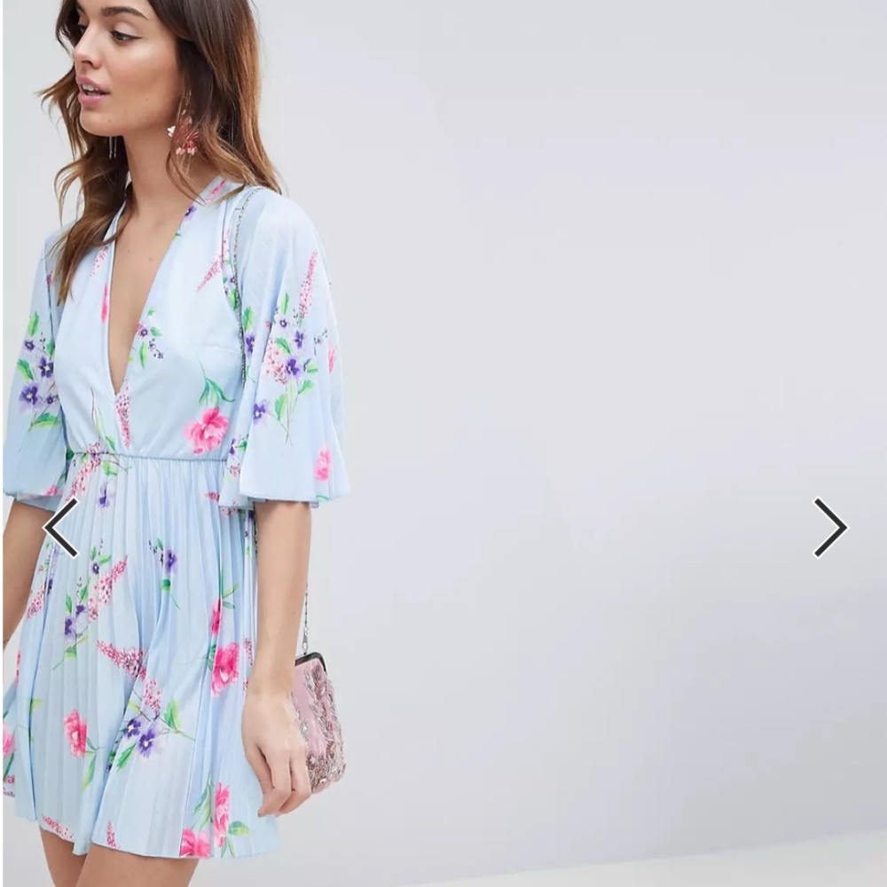 Pleated Kimono Mini Dress In Floral Print